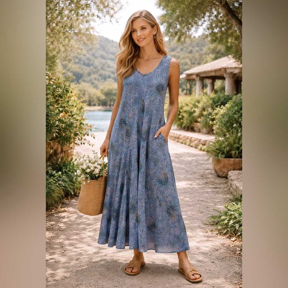 Talia Benson Blue Floral  Boho Resort Wear Style Pockets Flowy Pineapple Dress